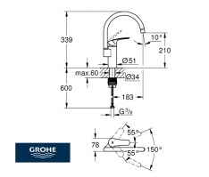 MEDIDAS MONOMANDO COCINA EUROSMART GROHE